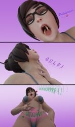 3d big_breasts bikini bleahboy breasts burp burping cleavage female_pred giantess glasses larger_female low-angle_view macro mei_(overwatch) micro open_mouth oral_vore overwatch size_difference skimpy sling_bikini throat_bulge vore