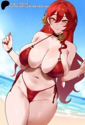 1girls ai_generated beach bikini breasts himeko_(honkai:_star_rail) honkai:_star_rail large navel primosan red_hair sagging_breasts smile yellow_eyes