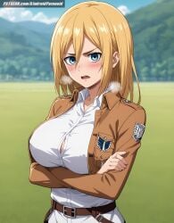 ai_generated aindroidparanoid attack_on_titan belt big_breasts blonde_hair blue_eyes blush busty christa_lenz cleavage covered_nipples cute female female_only field historia_reiss huge_breasts jacket large_breasts narrow_waist nipples outdoors shingeki_no_kyojin shirt short_hair stable_diffusion straight_hair tight_clothing