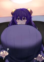 1girls artist_request big_breasts breasts demon demon_girl demon_horns gigantic_breasts huge_breasts large_breasts looking_at_viewer looking_down mel_(shiro) open_mouth pov purple_eyes purple_hair ribbed_sweater sweater