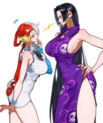 2girls angry angry_face bare_arms bare_legs bare_shoulders bare_thighs big_breasts black_hair blush boa_hancock clothed clothing color female female_focus female_only hi_res jewelry large_breasts light-skinned_female light_skin long_hair looking_angry looking_at_another looking_at_viewer multicolored_hair one_piece purple_eyes shounen_jump siokosho_kinoko solo_female tagme thick_thighs uta_(one_piece)