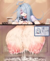 1girls 2b213 after_paizuri areolae bell big_breasts black_eyes blue_hair blush breast_expansion breasts breasts_bigger_than_head bukkake cleavage cum cum_between_breasts cum_drip cum_on_body cum_on_breasts drink gigantic_breasts grey_hair hair_over_one_eye hi_res highres holding_object huge_breasts large_breasts long_hair mei_(2b213) motion_lines nipples open_clothes open_shirt original original_character phone pov school_uniform screen sex shocked shocked_expression sitting smile stealth_sex straight surprised white_shirt