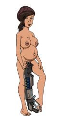 1girls amiwakawaiidesu beanie belly big_belly breasts brown_hair casual dark-skinned_female dark_skin female firearm gears_of_war gun headwear human kait_diaz latina nipples outie_navel pregnant solo solo_female weapon