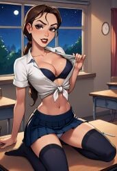 ai_generated blue_bra blue_skirt blue_stockings classroom cleavage desk flashing_breasts kneeling lara_croft lara_croft_(ai_generated) lara_croft_(classic) looking_at_viewer midriff night opening_shirt round_breasts school_uniform seductive_smile tied_shirt tomb_raider upskirt white_panties white_shirt window