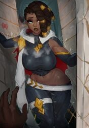 black_female black_girl black_panties black_skin braid cheating cheating_wife door door_open gold_jewelry green_eyes huge_ass huge_breasts just_fuck_already male_in_background motion_lines netorare ntr pov senna_(league_of_legends) sinedahh sweat