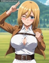 ai_generated aindroidparanoid attack_on_titan belt big_breasts blonde_hair blue_eyes blush busty christa_lenz cleavage covered_nipples cute female female_only field historia_reiss huge_breasts jacket large_breasts narrow_waist nipples outdoors shingeki_no_kyojin shirt short_hair stable_diffusion straight_hair tight_clothing