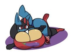 2022 4:3 anthro beverage_can big_breasts black_body black_fur blue_body blue_fur breasts cleavage clothed clothing dewbber digital_media_(artwork) duke_(bootlegkaka) eggplant female female_lucario food fruit fur generation_4_pokemon hi_res huge_breasts lucario nintendo open_mouth plant pokemon pokemon_(species) red_clothing red_eyes red_topwear simple_background solo topwear tv_remote white_background