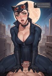 ahe_gao ai_generated batman:_arkham_city batman_(series) big_ass big_breasts black_hair bodysuit cat_ears catwoman catwoman_(arkham) catwoman_(arkham_city) claws cleavage cowgirl_position cum cum_in_pussy cum_inside dc dc_comics green_eyes latex_suit vaginal_penetration vaginal_sex zipper