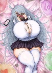 1girls 2b213 big_breasts black_eyes blue_hair breasts breasts_bigger_than_head chocolate gigantic_breasts hair_over_one_eye hi_res highres holding_object huge_breasts large_breasts legs_together long_hair looking_at_viewer mei_(2b213) messy_hair on_back on_bed open_clothes open_shirt pleated_skirt purple_eyes school_uniform shy stockings thick_thighs valentine's_day white_shirt