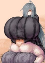 1boy 1girls 2b213 between_breasts big_breasts black_eyes blue_hair blush breast_press breast_squeeze breast_squish breasts breasts_bigger_than_head gigantic_breasts hair_over_one_eye hi_res highres huge_breasts hugging hyper_breasts large_breasts long_hair marshmallow_hell massive_breasts mei's_mother_(2b213) purple_eyes ribbed_sweater shared_clothes sharing_clothes sitting_on_lap smile sweater