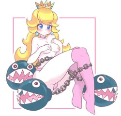 blonde_hair blue_eyes blush chain_chomp chains choker crown earrings female long_hair mario_(series) nintendo nipples nude panties pink_legwear pink_panties princess_peach simple_background solo thighhighs tokibuni topless underwear