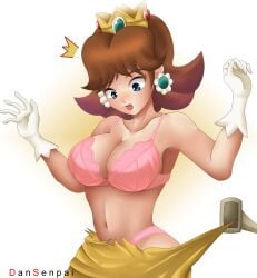 1girls blue_eyes bra breasts brown_hair crown dress earrings embarrassed female flower_earrings gloves highres jewelry luigi luigi's_mansion mario_(series) navel nidavellirstudios nintendo off_screen_character orange_dress princess_daisy super_mario_land surprised thong torn_clothes torn_dress underwear vacuum_cleaner wardrobe_malfunction