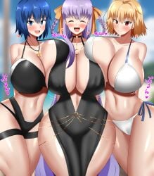 3girls alternate_breast_size alternate_version_available arcueid_brunestud background bb_(fate) big_breasts blonde_hair blue_eyes blue_hair blush breasts breasts_bigger_than_head center_opening ciel_(tsukihime) cleavage clothed clothing color crossover curvy curvy_figure dress fate/grand_order fate_(series) hips huge_breasts large_breasts long_hair melty_blood necklace plump pressing_breasts_together purple_eyes purple_hair red_eyes short_hair squeezing_breast swimsuit thick thick_ass thick_legs thick_thighs tokuchur18 tsukihime vampire vampire_girl wide yellow_ribbon