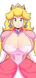 big_boobs big_breasts blonde_hair blue_eyes boobs boobs_bigger_than_head breasts breasts_bigger_than_head cleavage crown dress earrings elbow_gloves gloves jewelry lace lace_bra mario_(series) necklace princess_peach sketch smiling_at_viewer solo super_mario_bros. theycallhimcake underwear white_bra