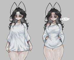 black_hair gray_eyes loose_clothes marblechii roach_girl speech_bubble thick_thighs tight_clothing wide_hips