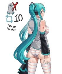 ass bra embarrassed green_eyes green_hair hatsune_miku holding_clothing holding_object holding_skirt kneesocks long_hair looking_at_viewer looking_back necktie nervous sleeves strip_game striped_bra striped_panties stripgame twintails undressing