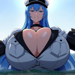 1girls ai_generated akame_ga_kill! blue_eyes blue_hair breasts breasts_bigger_than_head bulging_breasts bursting_breasts cleavage clothed coat esdeath_(akame_ga_kill!) female giantess giantessesdeath giga_giantess gigantic_breasts hat huge_breasts long_hair looking_down looming macro nai_diffusion shiny_skin sweat sweaty sweaty_breasts