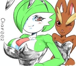 2024 anthro big_breasts black_clothing breasts brown_body brown_fur bunny_costume char002 clothing costume digital_drawing_(artwork) digital_media_(artwork) duo eyebrows fake_ears fake_rabbit_ears female flat_chested fur gardevoir generation_3_pokemon generation_4_pokemon green_body green_hair hair hair_over_eye humanoid lopunny nintendo one_eye_closed pokemon pokemon_(species) red_eyes simple_background smug tagme tan_eyebrows white_background white_body wink