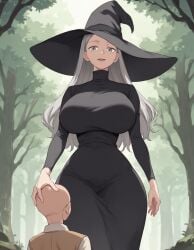 1boy 1girls ai_generated black_dress forest grey_eyes grey_hair large_breasts long_hair looking_down size_difference smile supergetthi taller_female witch_hat