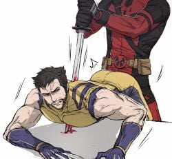 2boys ass ass_press beard belt black_gloves blood bloody_weapon blue_gloves blush bodysuit brown_hair claw_(weapon) clenched_teeth deadpool deadpool_&_wolverine_(2024) facial_hair gay gloves gyeleul holding holding_sword holding_weapon impaled injury katana male_focus male_only marvel marvel_cinematic_universe marvel_comics mask multiple_boys muscular muscular_male pectorals red_bodysuit sleeveless stab superhero_costume sword teeth two-tone_bodysuit utility_belt veins violence weapon wolverine_(x-men) x-men yaoi yellow_bodysuit