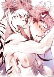 2boys animal_ears collar groping_from_behind incest itadori_yuuji jujutsu_kaisen licking male_only ryoumen_sukuna_(jujutsu_kaisen) yaoi