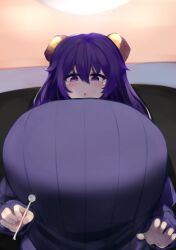 1girls artist_request big_breasts breasts demon demon_girl demon_horns gigantic_breasts hi_res highres huge_breasts large_breasts looking_at_viewer looking_down mel_(shiro) open_mouth pov purple_eyes purple_hair ribbed_sweater succubus sweater