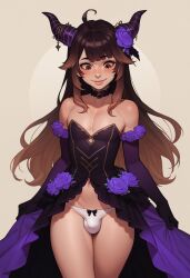 1boy ai_generated androgynous brown_eyes brown_hair bulge civitai femboy feminine_male flower flower_in_hair gradient_hair hair_flower hair_ornament horns male_only panties purple_dress purple_gloves smiling truep81_(artist)