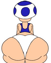 1boy ass ass, behind, blue_toad focus, from huge_ass mushroom, no_background panties, solo, super_mario_bros. underwear, white