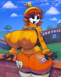 1girls 2024 anthro areola_outline big_breasts biped breasts camel_toe clothing crown dated english_text female hair headgear hi_res hip_dips huge_breasts mario_(series) mario_bros mask nintendo nipple_outline nipples outside princess_daisy_(cosplay) racetrack short_hair shy_gal signature snao solo solo_female sweater text thick_thighs thin_waist topwear wide_hips