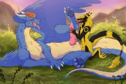 absurd_res anal anal_sex chakisuu dragon duo feral fur furred_dragon furred_scalie genitals grass hi_res jackel_(hacksource553) kneeling lying male male/male mythological_creature mythological_scalie mythology on_side open_mouth outside penetration penis plant scalie sergal size_difference small_top_big_bottom