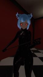 3d_model big_penis blue_hair blueysenpai cock cock_out erection femboy latex latex_suit naked red_eyes shiny_skin solo throbbing_penis virtual_reality vr vrchat vrchat_avatar