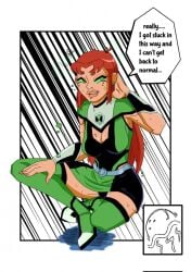 1female 1girl alien_girl ben_10 ben_10_omniverse ben_tennyson benfire boob_window breasts cleavage dc dc_comics dialogue fingering gender_transformation genderswap_(mtf) green_eyes groping jmermelade koriand'r male_to_female omnitrix red_hair sitting sitting_on_floor starfire tagme tamaranean