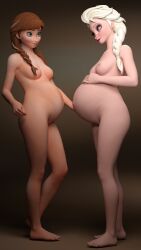 2girls 3d anna_(frozen) belly big_belly blonde_hair breasts disney elsa_(frozen) female female_only frozen_(film) nipples nude preggmaster pregnant red_hair sisters