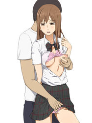 1boy ayase_chihaya bra bra_lift breast_grab brown_eyes brown_hair chihayafuru clothing crotch_rub female grabbing grabbing_from_behind ichihisa long_hair nipples open_clothes open_shirt panties pink_bra pink_panties school_uniform simple_background skirt underwear white_background