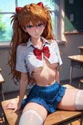 ai_generated asuka_langley_sohryu classroom desk long_hair red_hair school_desk school_uniform schoolgirl shirt sitting skirt small_breasts spread_legs white_legwear