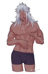 1boy abs arinta black_male_underwear boxer_briefs cum cum_in_mouth cum_on_tongue dark-skinned_male dark_skin grey_hair implied_yaoi kingdom_hearts kingdom_hearts_ii large_pectorals long_hair looking_at_viewer male_focus male_underwear muscular muscular_male nipples orange_eyes pectorals pointy_ears solo_male sweat tongue tongue_out topless_male underwear white_background xemnas