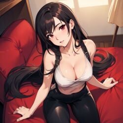 ai_generated big_breasts black_hair breasts final_fantasy long_hair looking_at_viewer looking_up mythrafan65 nintendo sfw sitting_on_bed tifa_lockhart top_down_view