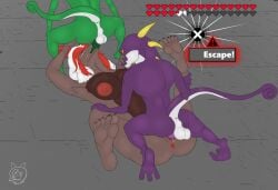 anthro anus big_breasts breasts feet female flat_colors gameplay_mechanics genitals group gui health_bar hi_res lizalfos major_carter male male/female monster neck_bulge oral oral_penetration penetration pussy questionable_consent sandre size_difference skyward_sword small_dom_big_sub smaller_male struggling tail tears_of_the_kingdom the_legend_of_zelda trio vaginal_penetration zonai