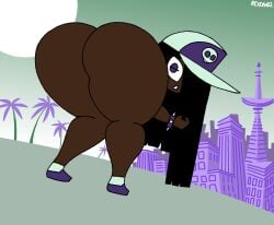 african african_female b4ss_(rexon02) bent bent_over city city_background cityscape dark-skinned_female dark_skin embarrassed embarrassed_female embarrassed_nude_female fat_ass gigantic_ass goth goth_girl huge_ass huge_butt huge_thighs looking_at_viewer looking_back massive_ass public public_nudity rexon02 thick_thighs