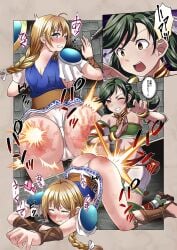 2girls ahoge ass blonde_hair blue_eyes blush border braid braided_hair braided_ponytail crying crying_with_eyes_open defeated dress earrings female_masochism femdom femsub gold_eyes green_hair heart hi_res japanese_text long_hair looking_back masochism multiple_views panties ponytail poruporu request ryona sadism secretly_loves_it sideboob sophitia_alexandra soul_calibur soul_calibur_vi spank_marks spanked spanking talim tears text top-down_bottom-up white_panties yuri