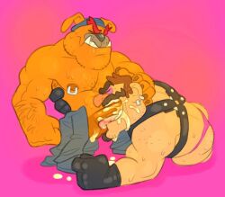 2boys anthro balls blowjob boner bunbunny_(artist) canine cum cum_in_mouth domestic_dog dribble_(warioware) erection furry gay harness human interspecies male male_only mario_(series) musk nintendo orgasm penis shirtless smallsrabbit sweat sweating wario warioware