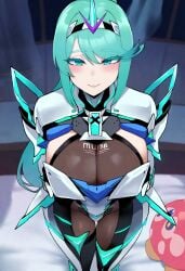 ai_generated aqua_eyes aqua_hair cleavage from_above large_ass large_breasts looking_at_viewer pneuma_(xenoblade) ponytail primosan revealing_clothes smile standing xenoblade_(series) xenoblade_chronicles_2