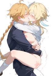 1boy 1girls aether_(genshin_impact) ai_generated blonde_hair brother_and_sister genshin_impact horny_female incest kissing lumine_(genshin_impact) mihoyo pleasure_face sex standing_sex straight