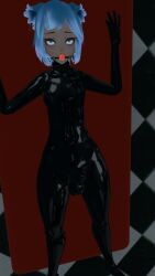 3d_model ball_gag big_penis blue_eyes blue_hair blueysenpai cock cock_out femboy latex latex_suit laying_down naked shiny_skin solo throbbing_penis virtual_reality vr vrchat vrchat_avatar