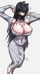 1futa 2d balls big_breasts big_penis black_hair breasts bulge clothed clothing dress erection erection_under_clothes full_color fully_clothed futa_only futanari high-angle_view huge_cock human light-skinned_futanari light_skin mask masked_futa nipple_bulge no_bra no_penetration nude penis ppangkkaru solo standing