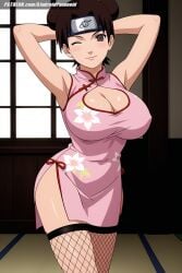 ai_generated aindroidparanoid arms_behind_head bedroom big_breasts boruto:_naruto_next_generations buns busty cheongsam china_dress cleavage cleavage_cutout covered_nipples curvy curvy_figure female female_only fishnets hand_on_head huge_breasts indoors large_breasts naruto naruto_(classic) naruto_(series) naruto_shippuden ninja nipples shinobi short_hair stable_diffusion tenten voluptuous