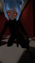 3d_model big_penis blue_hair blueysenpai cock cock_out erection femboy latex latex_suit naked red_eyes shiny_skin solo throbbing_penis virtual_reality vr vrchat vrchat_avatar