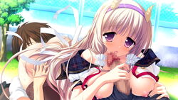 blonde_hair breasts censored female game_cg headband horns julia_lin_road long_hair magical_marriage_lunatics!! nipples open_mouth panties penis pointy_ears purple_eyes purple_hair underwear yamakaze_ran