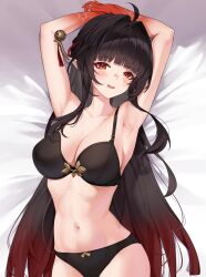 lingsha_(honkai:_star_rail) honkai:_star_rail honkai_(series) hoyoverse mihoyo brown_hair brown_eyes long_hair very_long_hair breasts big_breasts large_breasts mature_female 1girls female matrix16 lying lying_on_back lying_on_bed arms_up armpits variant_set black_bra black_underwear lingerie black_lingerie bra underwear stomach