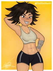 armpits bandaid black_hair breasts disney fit_female freckles hoppers mabel_tanaka messy_hair muscular_female pixar shorts smile smiling theultradino64